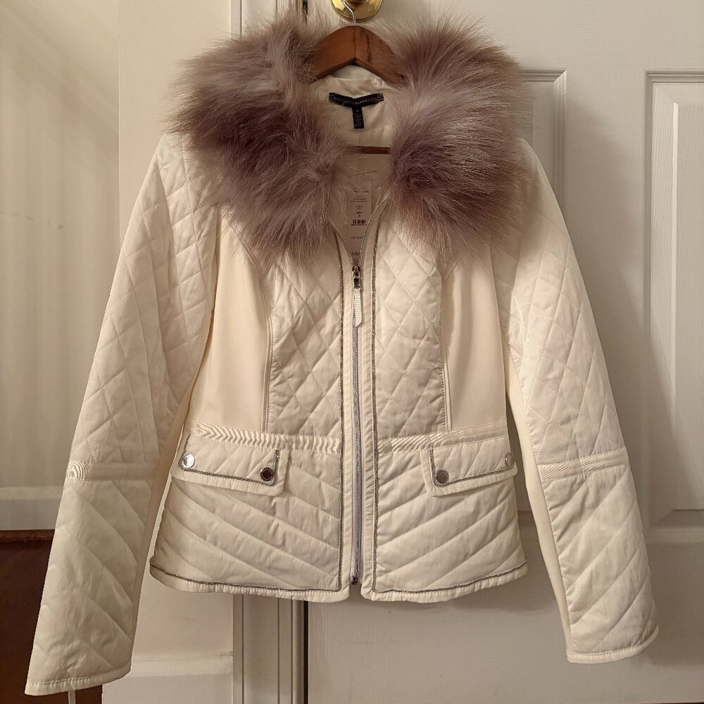 White House Black Market Cream Puffer Jacket with Ball Chain Detailing (Small)